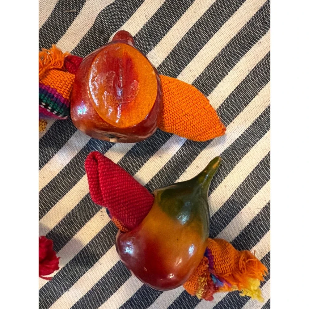 Vintage Artisan Hand Carved Wood Fruit Napkin Rings Set of 4 Avocado Apple Pear